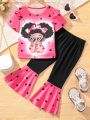 SHEIN Kids QTFun Little Girls' Love Heart Graphic T-Shirt And Color Block Flared Pants Set