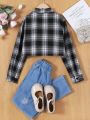 Teen Girls' Casual Fashionable Plaid Turn-Down Collar Short Shirt For Spring And Autumn