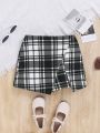 SHEIN Older Girls' Casual Black And White Plaid Skort