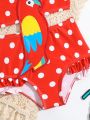 Baby Girl Polka Dot & Bird Print Applique Ruffle One-Piece Swimsuit