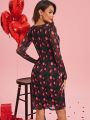 SHEIN Clasi Valentine's Day Sweetheart Neckline Floral Mesh Overlay Dress