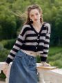 Striped Pattern Drop Shoulder Crop Fuzzy Cardigan