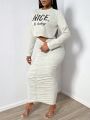 SHEIN SXY Slogan Printed Long Sleeve T-shirt And Pleated Midi Skirt 2pcs/set