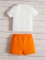 SHEIN Baby Boy Letter Patched Detail Tee & Drawstring Waist Shorts