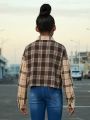 SHEIN Kids Cooltwn Junior Girls' Street Style Sports Woven Plaid Splice Loose Fit Long Sleeve Shirt