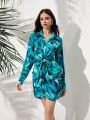 SHEIN Privé Random Printed Long Sleeve Shirt Dress