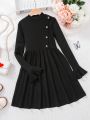 SHEIN Kids Cooltwn Big Girls' Warm Knitted Solid Color Stand Collar Long Sleeve A-line Dress, Winter