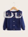 Young Girl Floral Embroidery Statement Collar Cable Knit Cardigan