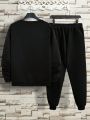 Men Plus Solid Sweatshirt & Drawstring Waist Sweatpants