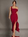 SHEIN BAE Valentine's Day Red Mesh Ruffled Asymmetrical Off-Shoulder Top And Ruffled Long Skirt Women Two-Piece Set