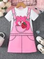 SHEIN Kids EVRYDAY Toddler Girls' Strawberry & Bear Print Suspender Dress With Faux Two-Piece Design