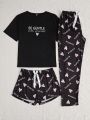 Women's 3pcs/set Letter Printed T-shirt, Shorts And Long Pants Homewear Set