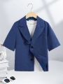 SHEIN Kids EVRYDAY Tween Boys' Loose Fit Casual Short Sleeve Suit Jacket And Pants Set With Turn-Down Collar