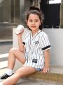 SHEIN Kids HYPEME Toddler Girls Striped & Letter Graphic Patch Detail Shirt