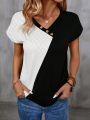 Asymmetrical Collar Button Design Printed T-Shirt With Wavy Fabric Texture