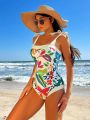 SHEIN Swim Chicsea Floral Print One-piece Swimsuit And Beach Skirt