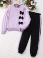 Tween Girl Bow Front Pullover & Contrast Side Seam Sweatpants