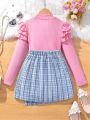 Girls' Solid Color Stand Collar Blouse With Ruffle Trim And Plaid A-Line Skirt Two Piece Set