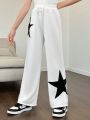 SHEIN Kids EVRYDAY Tween Girls' Knitted Loose Fit Casual Sweatpants With Star Pattern
