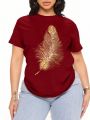 Plus Size Women's Feather Print Short Sleeve T-Shirt