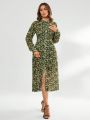 SHEIN Privé Vintage Floral Print Button-front Long Sleeve Midi Dress