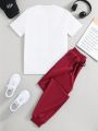Teen Boys' Letter Print T-Shirt And Solid Colored Pants Two Piece Set