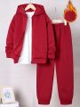 SHEIN Kids EVRYDAY Tween Boys' Loose Fit Casual Solid Color Hooded Fleece Sweatshirt And Sweatpants Set