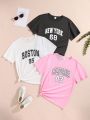 SHEIN Kids EVRYDAY 3pcs/Set Tween Girls' Letter Printed Short Sleeve T-Shirts