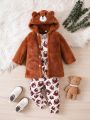 Fashionable Fleece Coat With Bear Print 3pcs Baby Boy Outfit