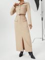 SHEIN Essnce Women'S Lapel Collar Coat & Slit Hem Skirt Two Piece Set