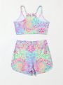 Girls' Colorful Leopard Print Two-piece Swimsuit With Sports Bra And Flat Angle Swim Shorts