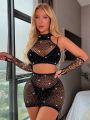 4pack Rhinestone Studded Fishnet Lingerie Set Without Liner