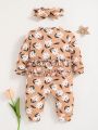 SHEIN Newborn Baby Girls' Flower Pattern Round Neck Long Sleeve Jumpsuit With Headband Set