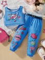 Baby Girls' Imitation Denim Printed Vest And Pants Set