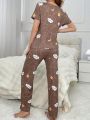 Cartoon Printed T-Shirt And Pants Sleepwear Set