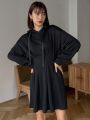 FRIFUL Women's Monochrome Drawstring Hooded Pleated Dress