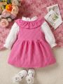 Baby Girl Ruffle Trim Flounce Sleeve Tee & Bow Front Overall Dress