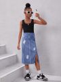 SHEIN Kids Cooltwn Big Girls' Daily Casual Knitted Sleeveless Vest Top And Denim Printed High Slit Skirt