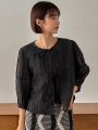 FRIFUL Women'S Bubble 3/4 Sleeve Front Tie Shirt