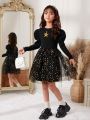 SHEIN Tween Girl Star Sequins Gigot Sleeve Mesh Hem Dress