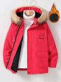 SHEIN Kids HYPEME Tween Boy Slogan Graphic Fuzzy Trim Hooded Coat Without Sweater