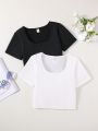 2pcs Teenage Girls' Casual Short Cropped Multicolor T-shirts