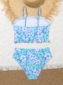 Teen Girls' Shirred Flower Print Halter Neck Bikini Top And Bottom Tankini Swimsuit