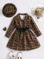 SHEIN Kids FANZEY Little Girls' Printed Belted Dress With Matching Hat