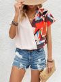 Printed Patchwork Wrap Blouse