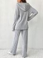 SHEIN Frenchy Women's Drawstring Ribbed Crop Top & Long Pants Two Piece Set