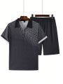 Men'S Contrast Color Zipper Decor Half Placket Short Sleeve Polo Shirt And Shorts Set
