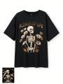 SKULL GRPHC Plus Size Loose Fit Long T-Shirt With Round Neckline