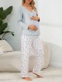 Maternity V-Neck Button Front Top And Small Floral Print Pants Pajama Set