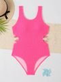 Big Girls' One-piece Swimsuit With Special Fabric And Hollow Out Waist Design